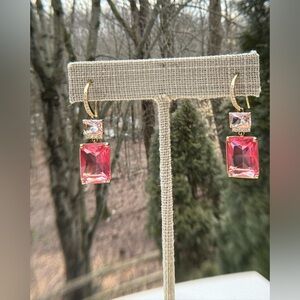 Nadri Macaron Pink Emerald CZ Double Drop Gold Earrings Valentines Gift